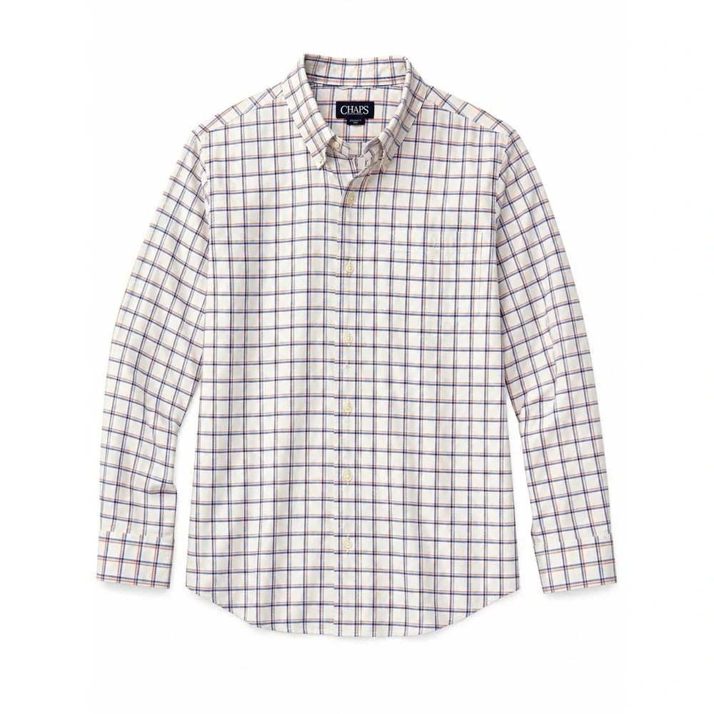 Chaps Plaid Button Down Shirt Men M Blue Orange Cotton Classic Fit Preppy Gators